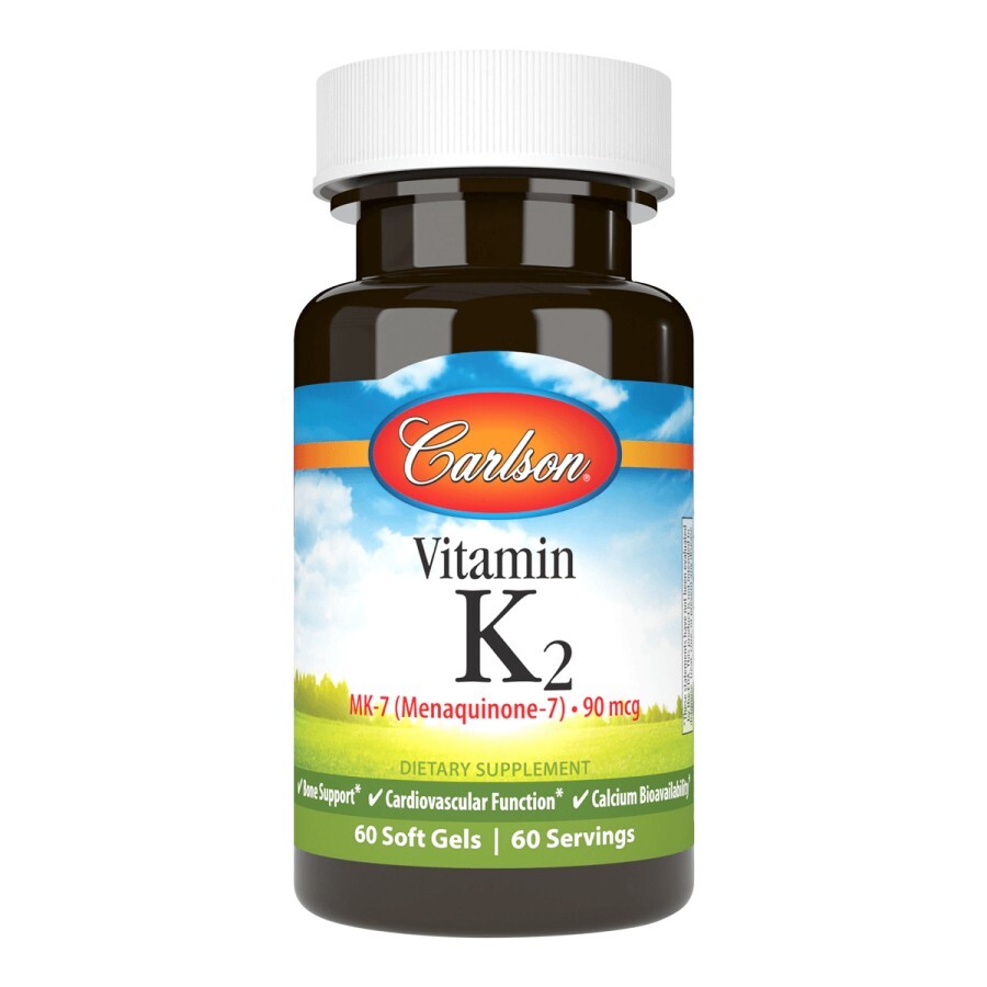 Вітамін K2, MK-7, 90 мкг, Vitamin K2 як MK-7, Carlson, 60 желатинових капсул: ціни та характеристики