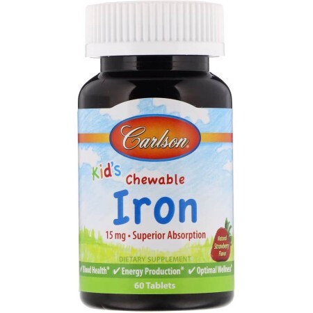 Железо Детское, 15 мг, вкус клубники, Kid's Chewable Iron, Carlson, 60 жевательных таблеток