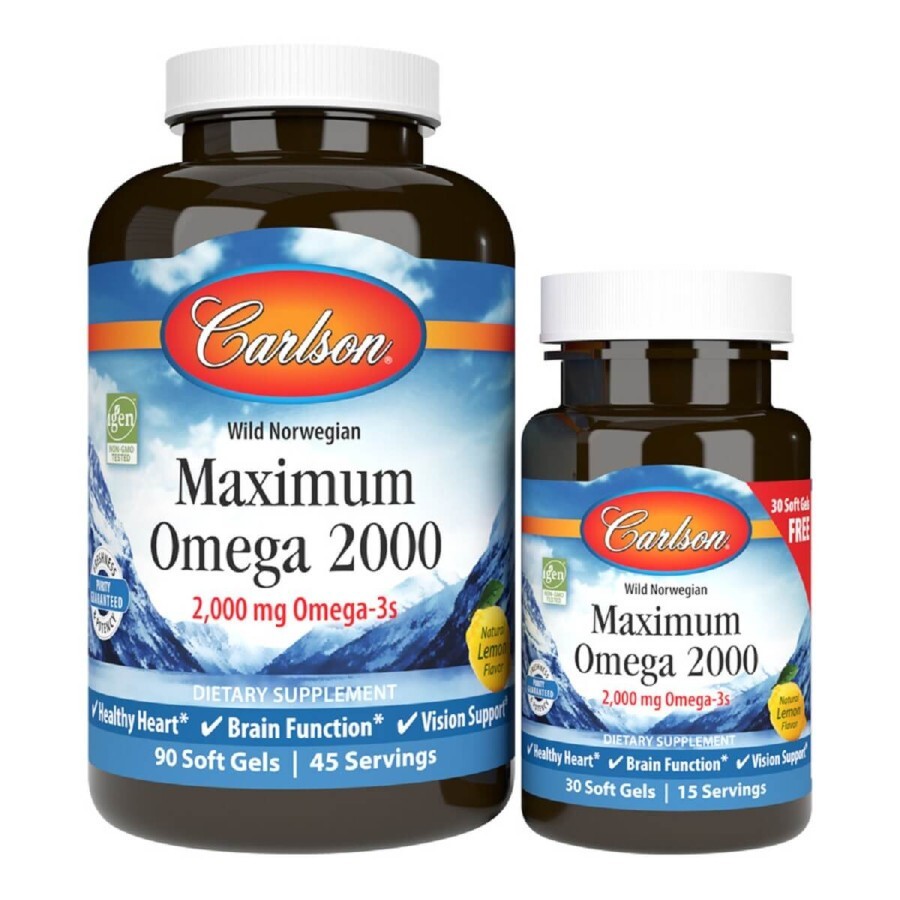 Омега Максимум 2000, Смак Лимона, Maximum Omega 2000, Carlson, 90+30 желатинових капсул: ціни та характеристики