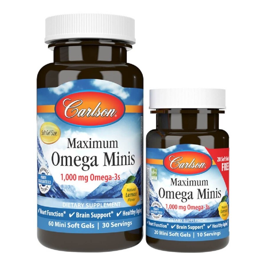 Омега Максимум, 1000 мг, смак Лимона, Maximum Omega Minis, Carlson, 60+20 желатинових міні капсул: ціни та характеристики
