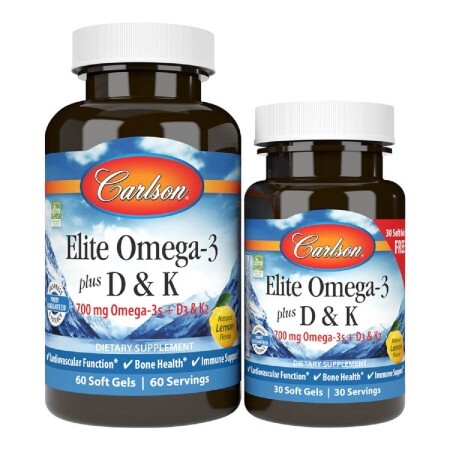 Омега-3 с Витаминами D и K, 700 мг, Вкус Лимона, Elite Omega-3 + D&K, Carlson, 60+30 гелевых капсул