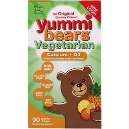 Кальцій + Вітамін D3 для дітей, Вегетаріанські смачні ведмедики, Calcium + D3, Hero Nutritional Products, 90 жувальні цукерки у вигляді ведмежат