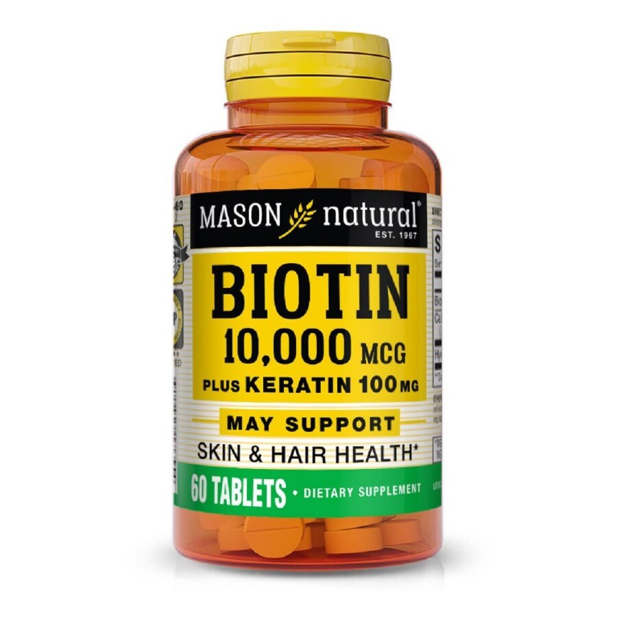 Біотин 10000мкг з кератином, Biotin Plus Keratin, Mason Natural, 60 таблеток: ціни та характеристики