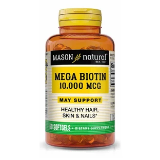 Биотин 10000мкг, Mega Biotin, Mason Natural, 50 гелевых капсул