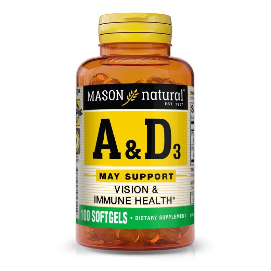 Витамины А и D3, Vitamins A & D3, Mason Natural, 100 гелевых капсул: цены и характеристики