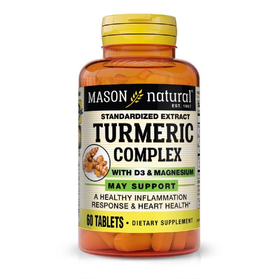 Комплекс куркуми з вітаміном D3 та магнієм, Turmeric Complex With Vitamin D3 & Magnesium, Mason Natural, 60 таблеток: ціни та характеристики