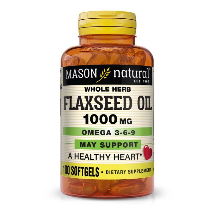 Льняна олія 1000мг, Омега 3-6-9, Flax Seed Oil 1000мг Omega 3-6-9, Mason Natural, 100 гелевих капсул: ціни та характеристики