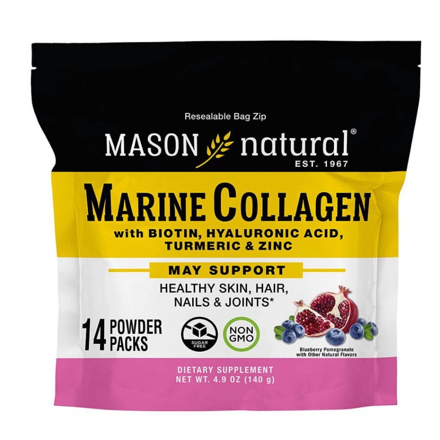 Морський колаген, смак чорниці та граната, Marine Collagen, Mason Natural, 14 стіків по 10 гр: ціни та характеристики