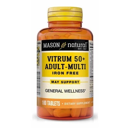 Мультивітаміни для дорослих 50+, без заліза, Vitrum 50+ Adult-Multi Iron Free, Mason Natural, 180 таблеток