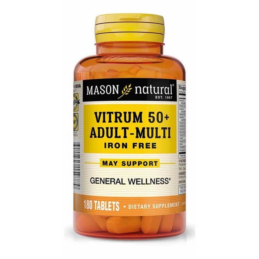 Мультивітаміни для дорослих 50+, без заліза, Vitrum 50+ Adult-Multi Iron Free, Mason Natural, 180 таблеток: ціни та характеристики