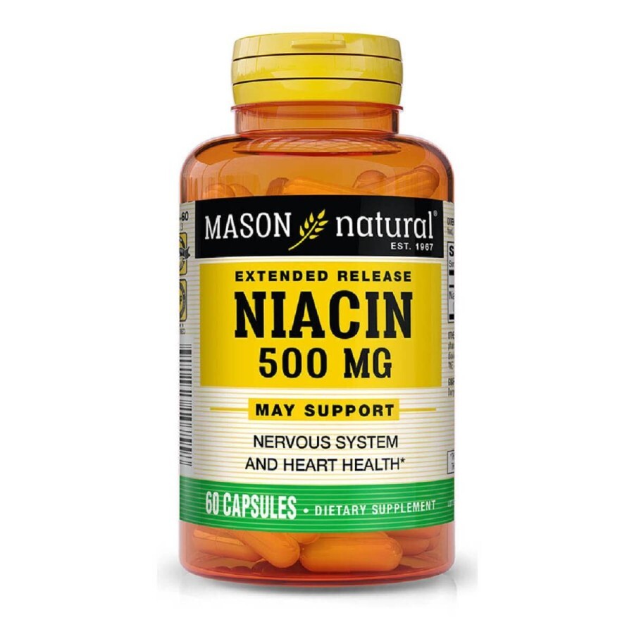 Ніацин 500мг пролонгованої дії, B3, Niacin Extended Release, Mason Natural, 60 капсул: ціни та характеристики