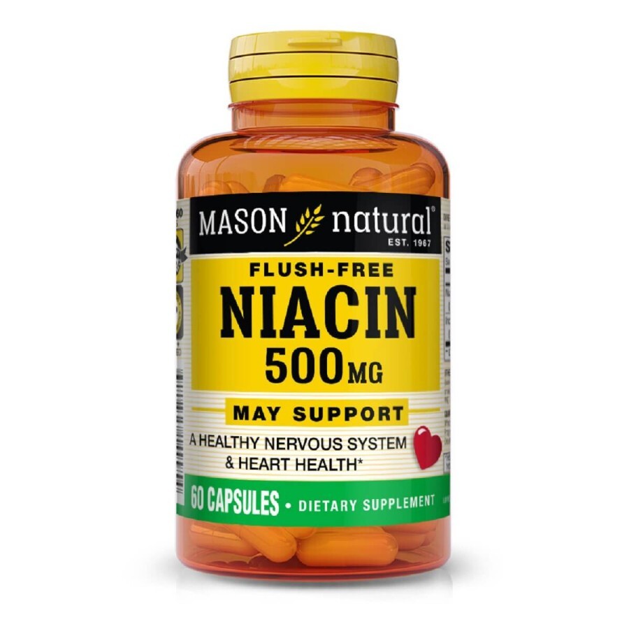 Ніацин 500мг, B3, Niacin Flush Free, Mason Natural, 60 капсул: ціни та характеристики