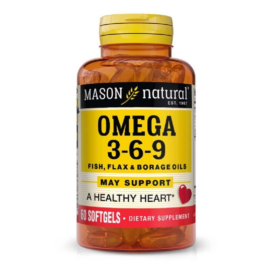 Потрійна Омега 3-6-9, олія риби льону та огірника, Omega 3-6-9 1,200 mg Fish, Flax & Borage Oils, Mason Natural, 60 гелевих капсул: ціни та характеристики