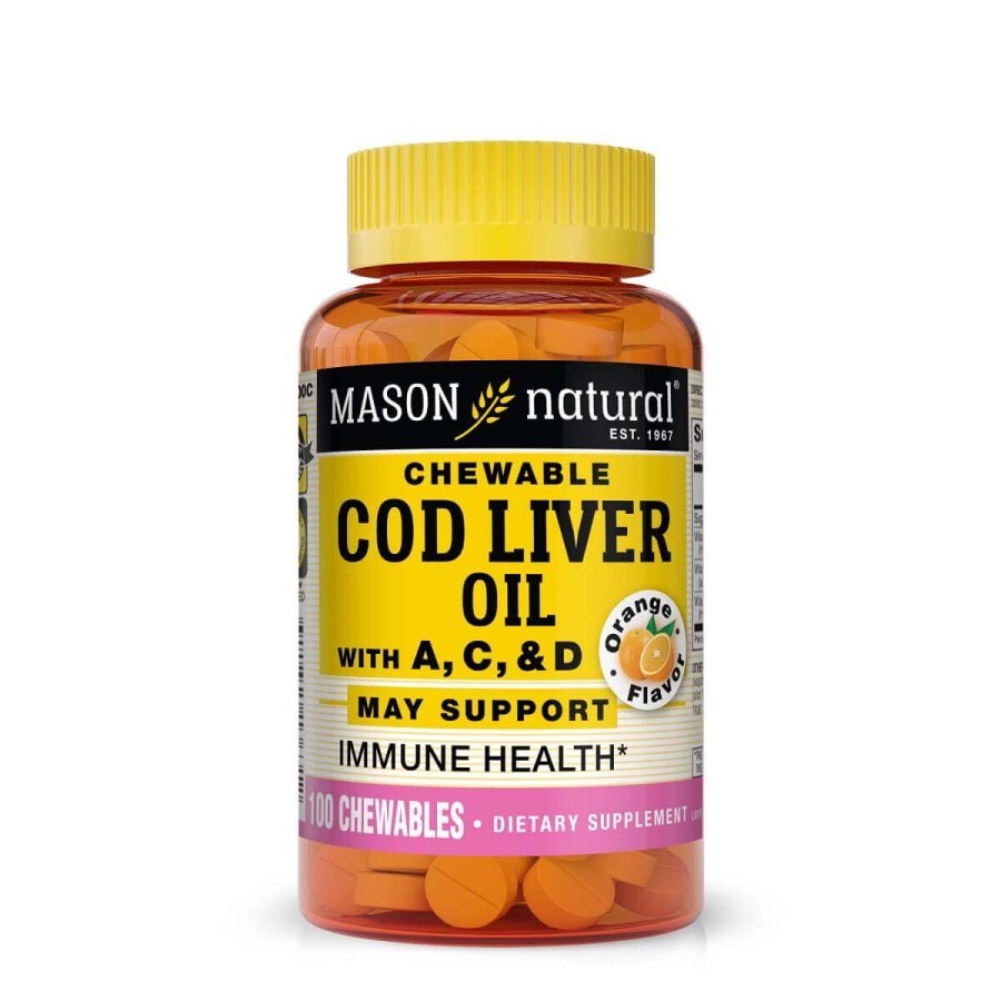 Риб'ячий жир з печінки тріски з вітамінами, смак апельсина, Cod Liver Oil With Vitamin A, C & D, Mason Natural, 100 жувальних таблеток: ціни та характеристики
