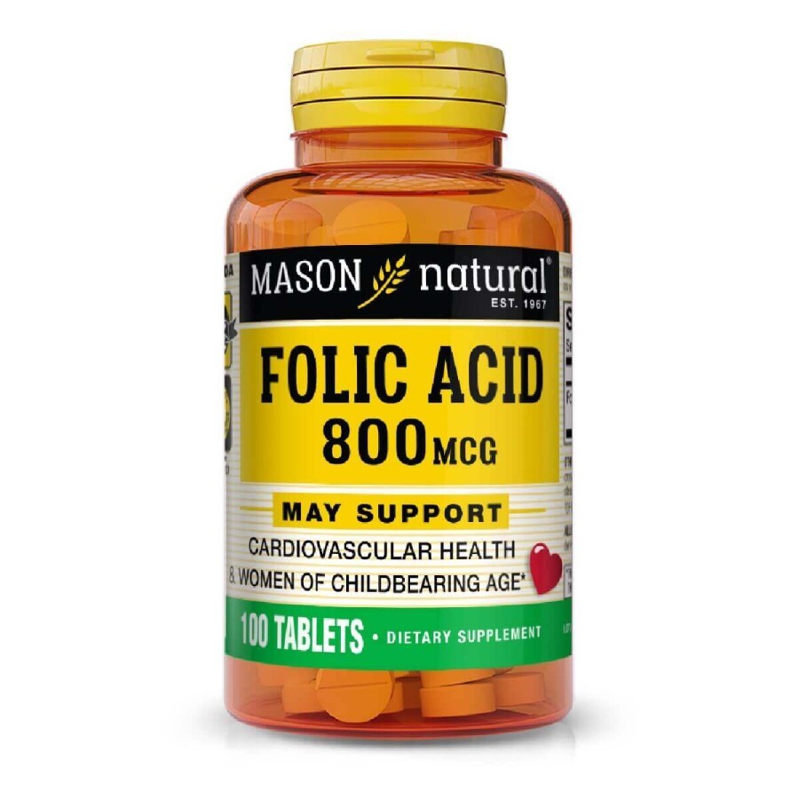 Фолієва кислота 800 мкг, Folic Acid, Mason Natural, 100 таблеток: ціни та характеристики