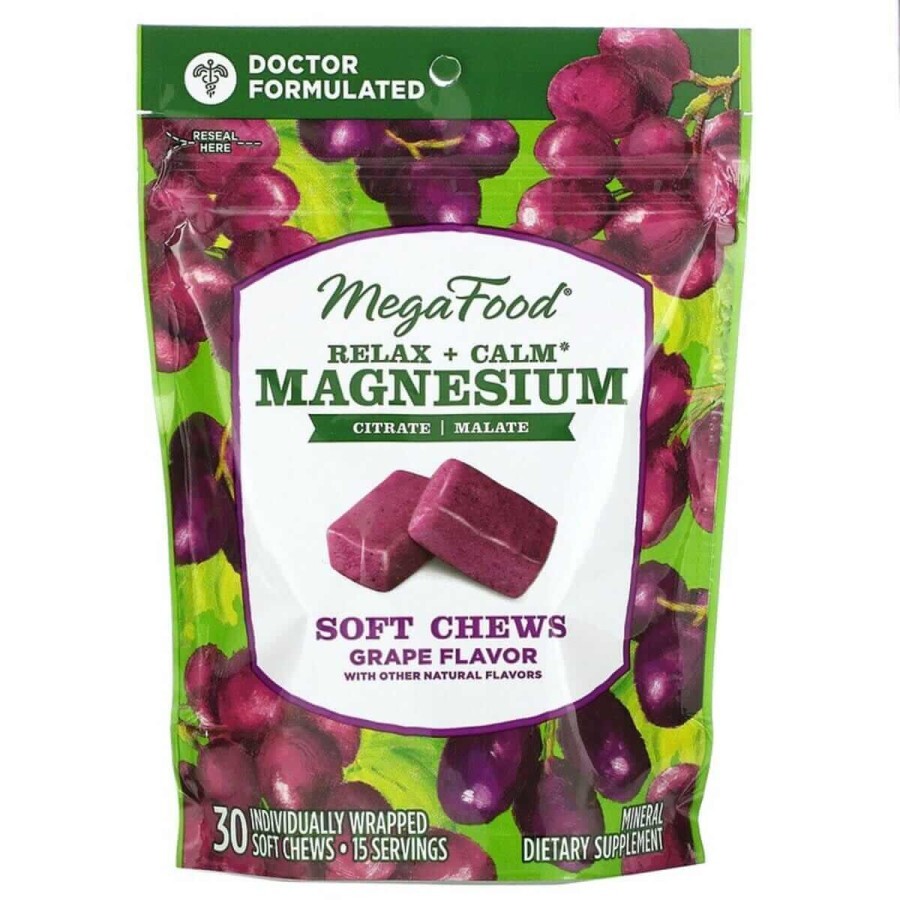 Заспокійливий Магній, смак винограду, Relax + Calm Magnesium Soft Chews, Grape, MegaFood, 30 м'яких жувальних цукерок в індивідуальній упаковці: ціни та характеристики