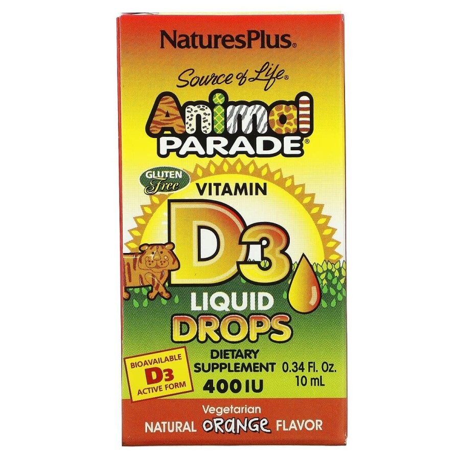 Витамин D3 400 МЕ для детей, Вкус Апельсина,  Animal Parade, Vitamin D3 Liquid Drops, Natures Plus, 10 мл капли: цены и характеристики