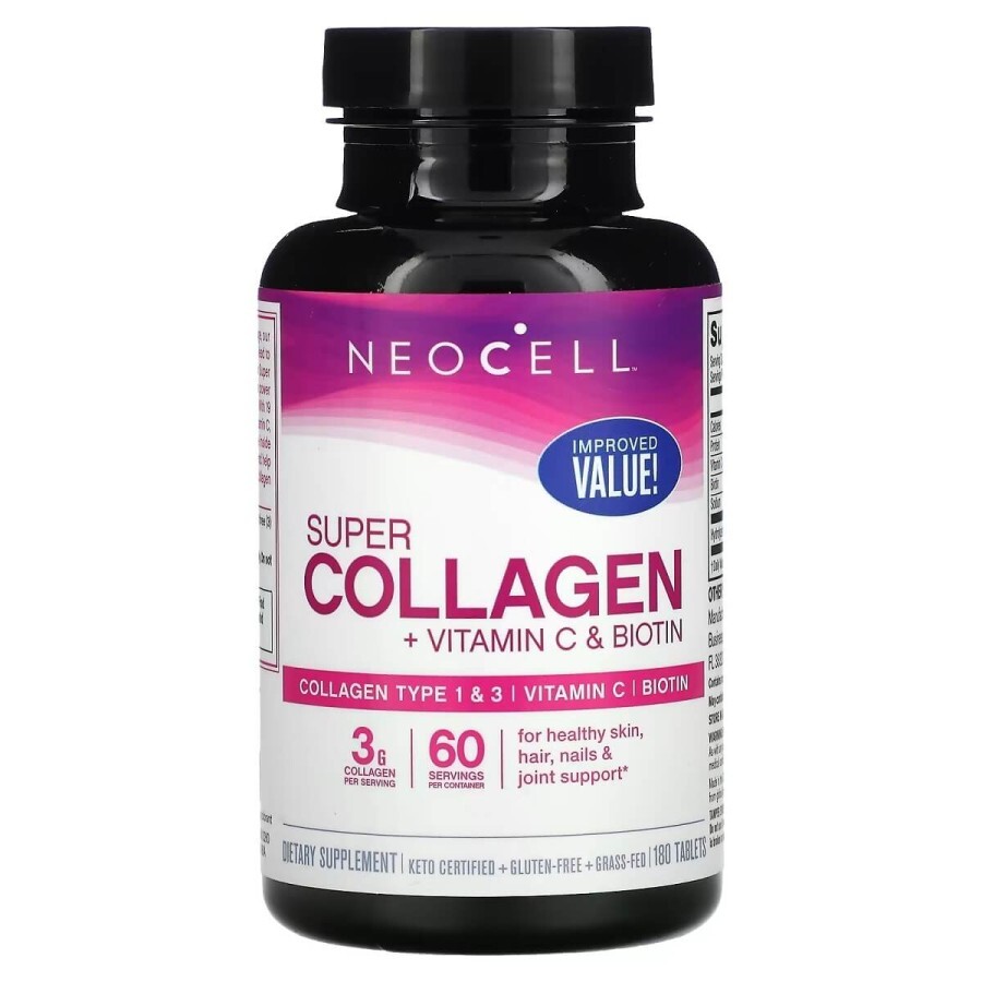Супер Колаген з Вітаміном C та Біотином, Super Collagen + Vitamin C & Biotin, NeoCell, 180 таблеток: ціни та характеристики