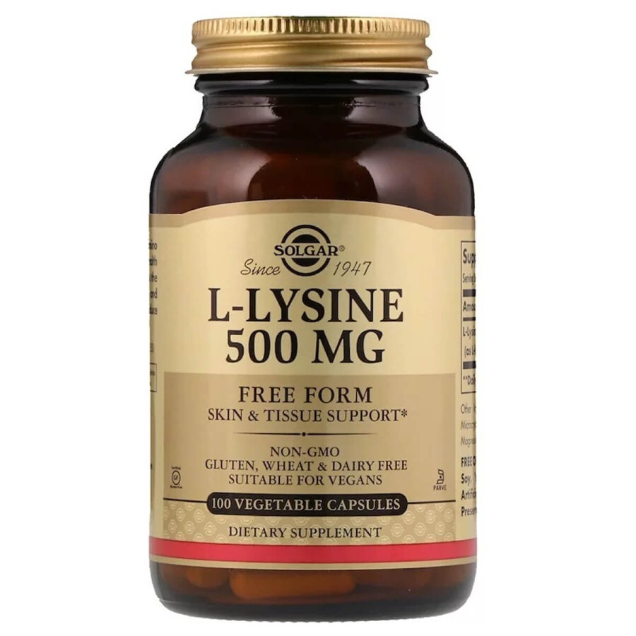 L-Лізин, L-Lysine, Solgar, 500 mg, 100 вегетаріанських капсул: ціни та характеристики