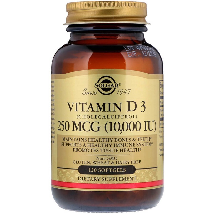 Вітамін D3, Vitamin D3 (Cholecalciferol), Solgar, 250 мкг, 10,000 МО, 120 гелевих капсул: ціни та характеристики