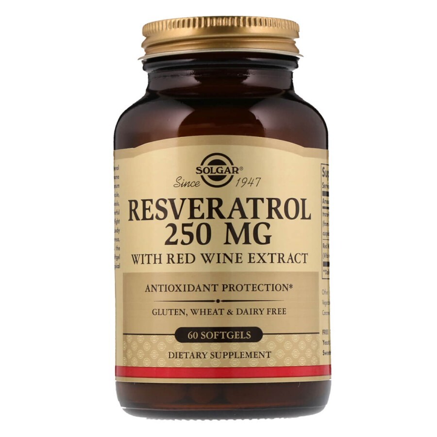 Ресвератрол з Екстрактом Червоного Вина, 250мг, Resveratrol with red Wine Extract, Solgar, 60 капсул: ціни та характеристики