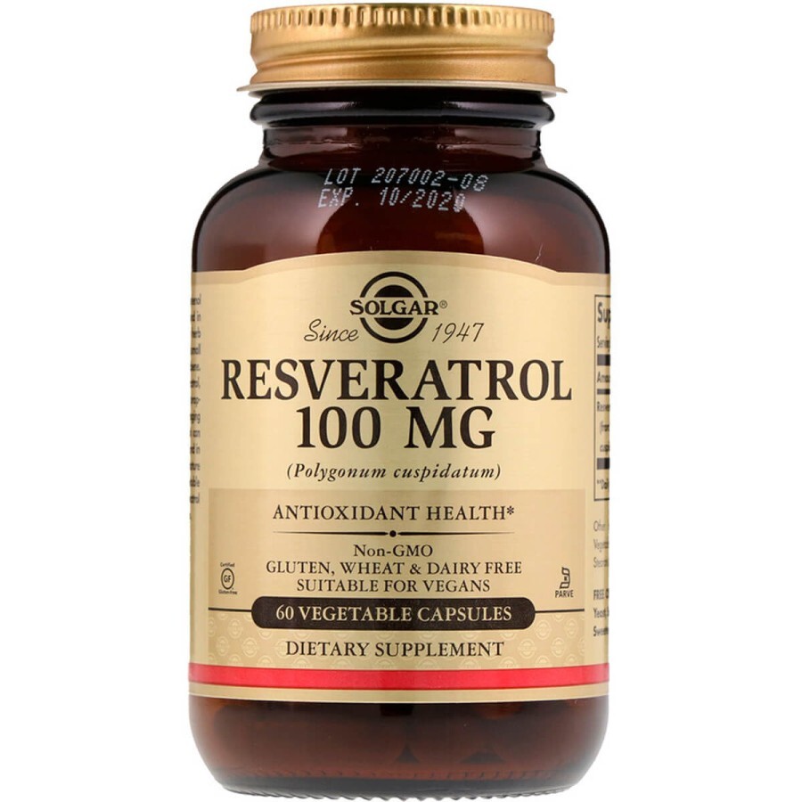 Ресвератрол, Resveratrol, Solgar, 100 мг, 60 вегетарианских капсул: цены и характеристики