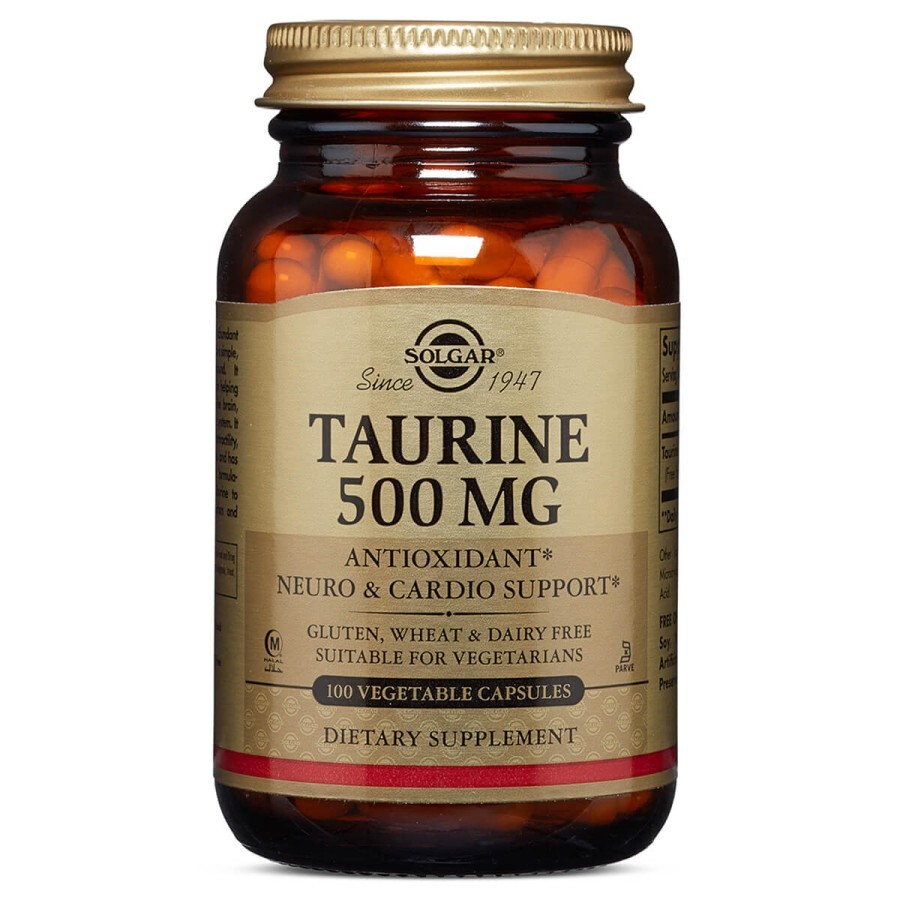 Таурин, Taurine, Solgar, 500 мг, 100 вегетаріанських капсул: ціни та характеристики