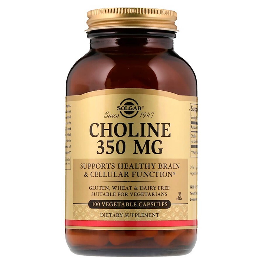Холін 350 мг, Choline 350 mg, Solgar, 100 рослинних капсул: ціни та характеристики