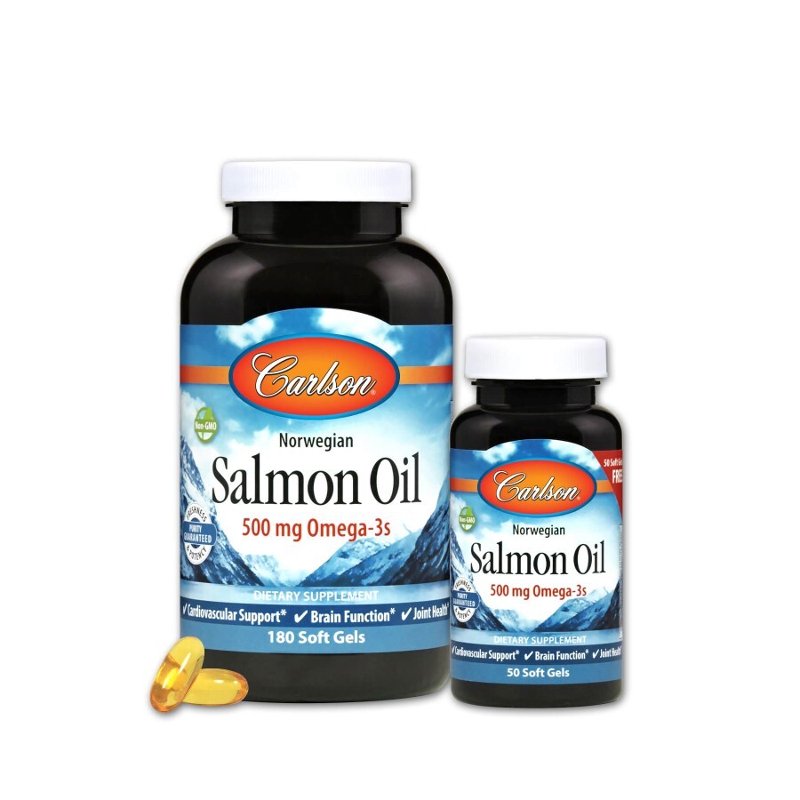 Норвежський Лососевий Жир, 500 мг, Norwegian Salmon Oil, Carlson, 180+50 желатинових капсул: ціни та характеристики