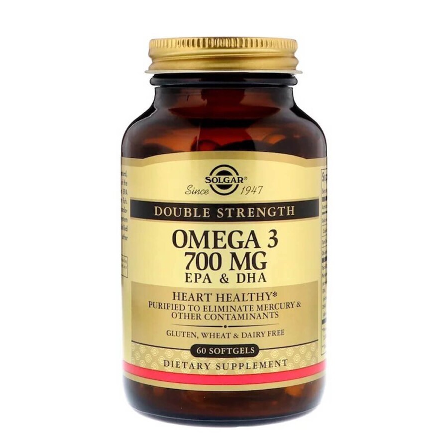 Омега-3, ЕПК і ДГК, Double Strength, 700 мг, Solgar, 60 желатинових капсул: ціни та характеристики