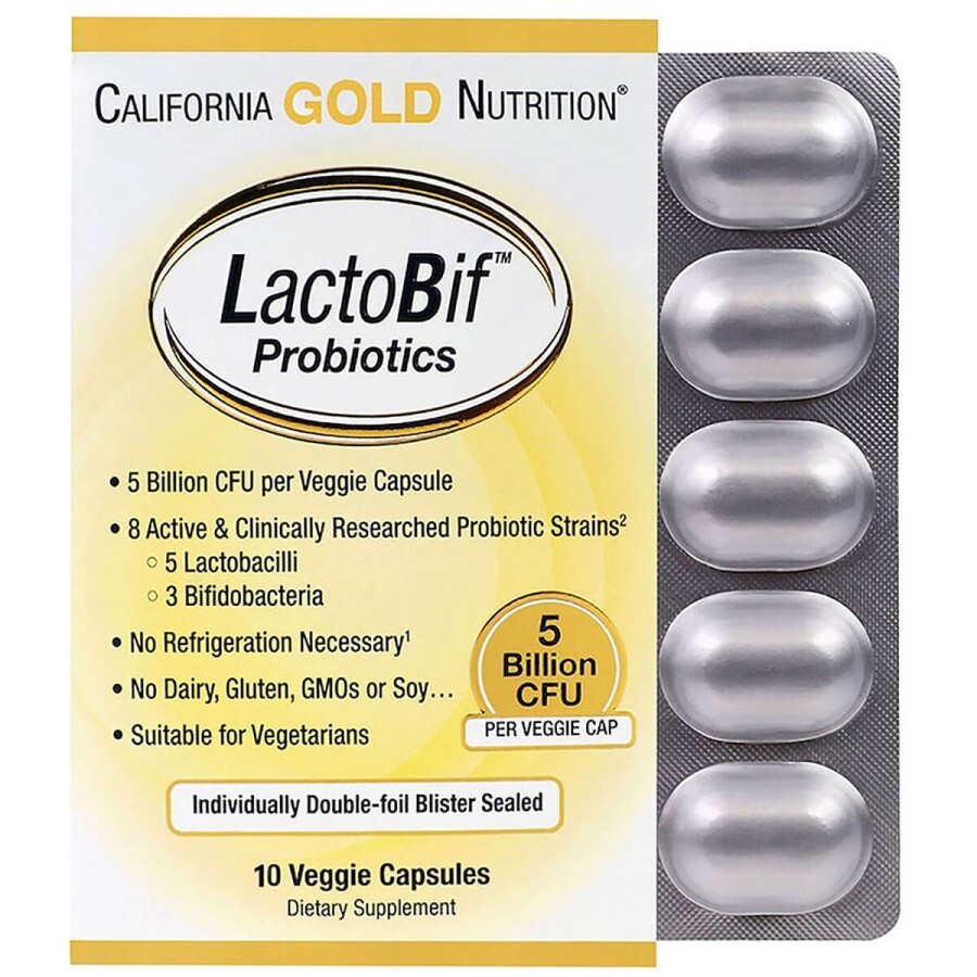 Пробиотики LactoBif, Probiotics, California Gold Nutrition, 5 млрд КОЭ, 10 овощных капсул: цены и характеристики