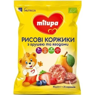 Рисові коржики Milupa з грушею та ягодами для харчування дітей від 7 місяців, 40 г