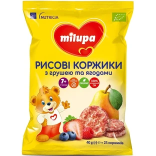 Рисові коржики Milupa з грушею та ягодами для харчування дітей від 7 місяців, 40 г