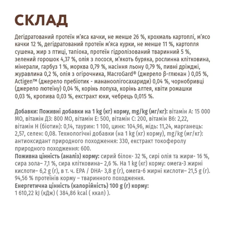 Сухий корм для собак Optimeal беззерновий для всіх порід - качка й овочі 1.5 кг: ціни та характеристики