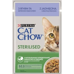 ВОЛОГИЙ КОРМ ДЛЯ КІШОК PURINA CAT CHOW STERILISED З ЯГНЯМ ТА ЗЕЛЕНОЮ КВАСОЛЕЮ В ЖЕЛЕ 85Г 