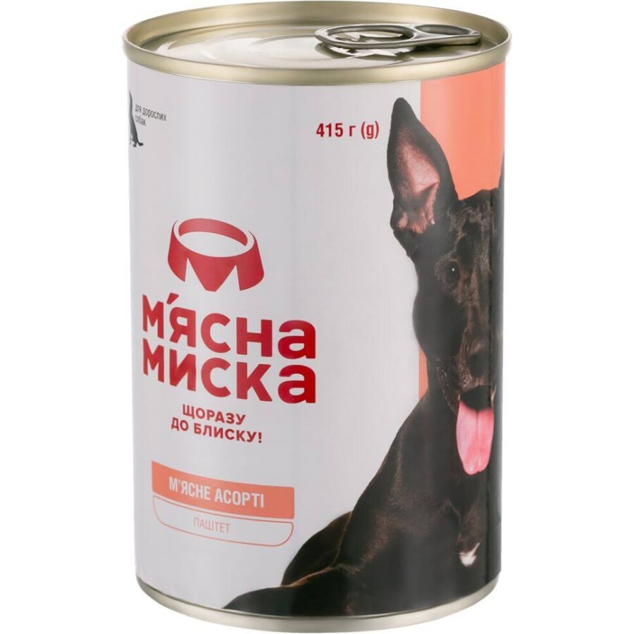 Консервы для собак мясная Миска паштет мясное ассорти 415 г: цены и характеристики