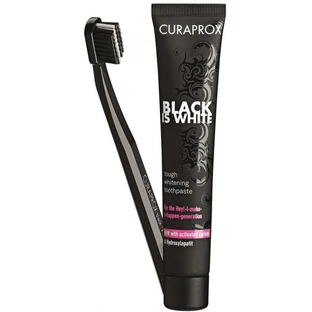 Зубная паста отбеливающая Curaprox Black is White с активированным углем и гидроксиаппатитами 90 мл + Ультра-мягкая зубная щетка