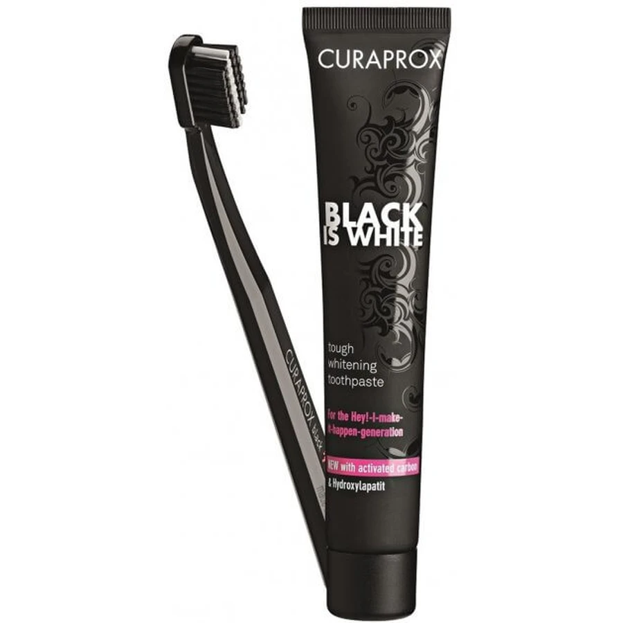 Зубная паста отбеливающая Curaprox Black is White с активированным углем и гидроксиаппатитами 90 мл + Ультра-мягкая зубная щетка: цены и характеристики