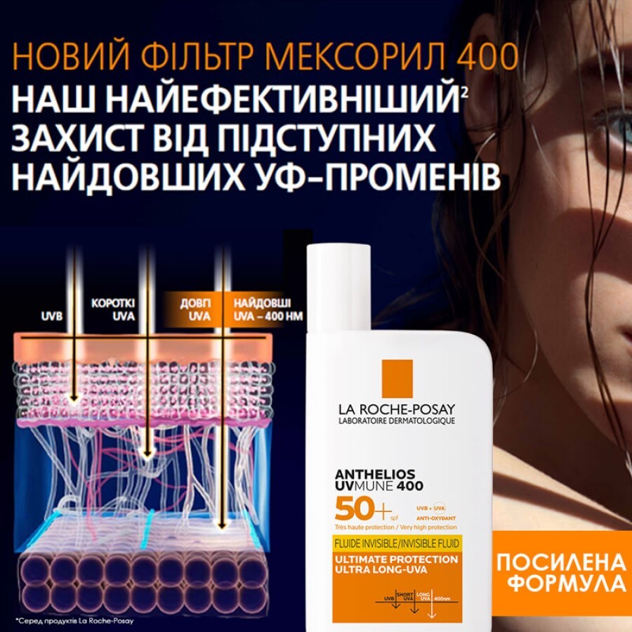 Флюїд сонцезахисний La Roche-Posay Anthelios UVmune 400 для чутливої шкіри обличчя, SPF 50+, 50 мл: ціни та характеристики