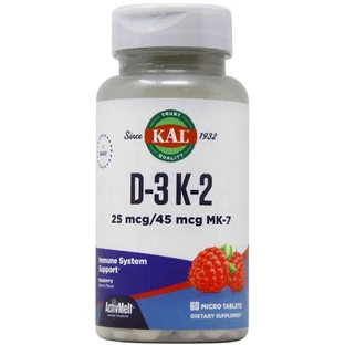 Витамины Д-3 и K-2, Vitamin D-3 K-2, KAL, вкус красной малины,  1000 МЕ/45 мкг MK-7, 60 микротаблеток