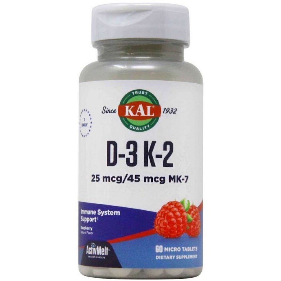 Витамины Д-3 и K-2, Vitamin D-3 K-2, KAL, вкус красной малины,  1000 МЕ/45 мкг MK-7, 60 микротаблеток: цены и характеристики