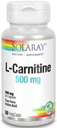 L-карнітин, L-Carnitine, Solaray, вільна форма, 500 мг, 30 вегетаріанських капсул