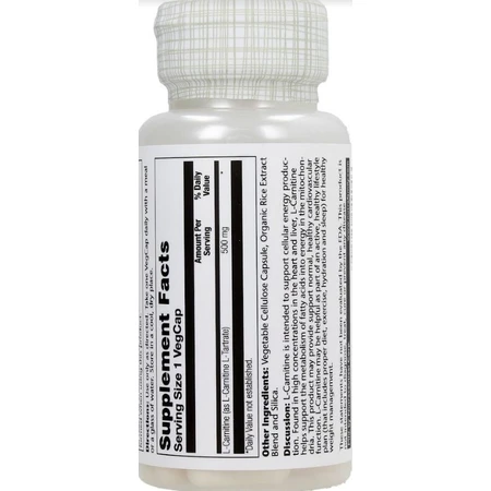 L-карнітин, L-Carnitine, Solaray, вільна форма, 500 мг, 30 вегетаріанських капсул: ціни та характеристики