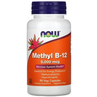 Витамин B-12, Метилкобаламин, 5000 мкг, Methyl B-12, NOW Foods, 90 вегетарианских капсул	