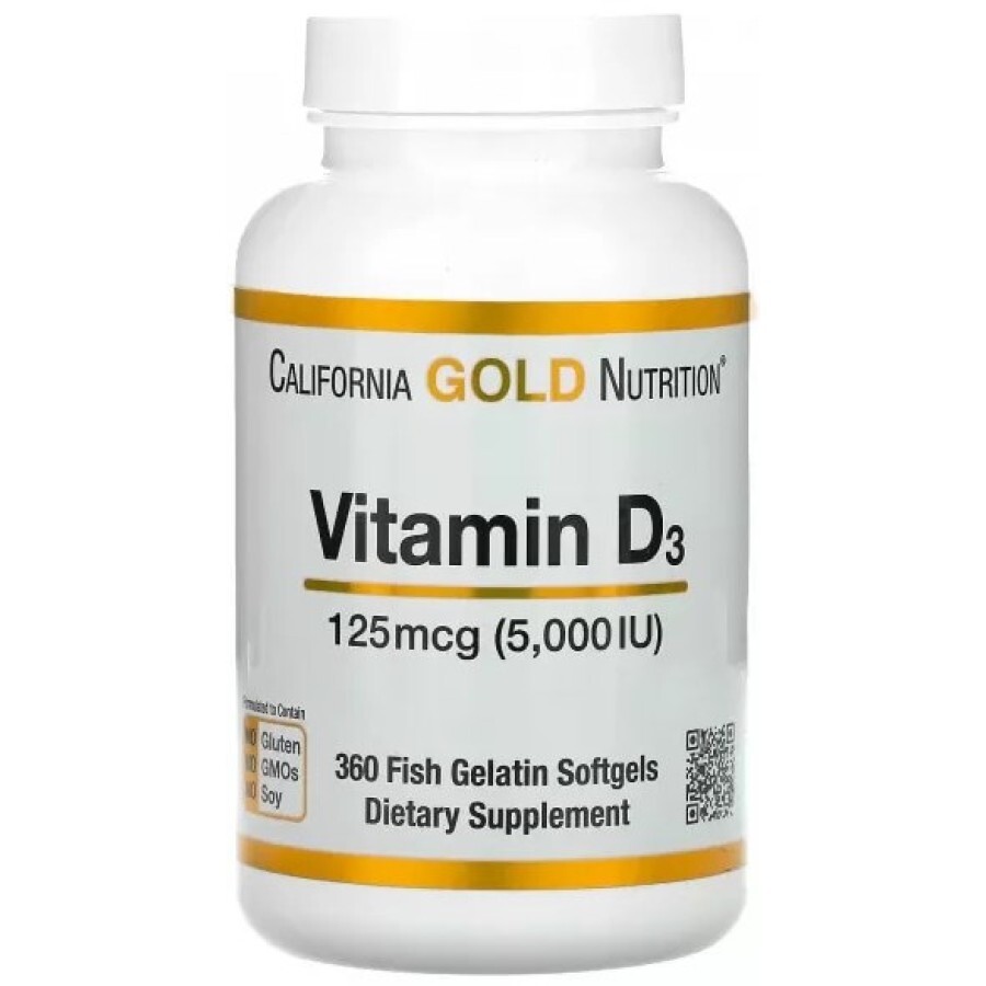 Вітамін D3, 5000 МО (125 мкг), California Gold Nutrition, 360 желатинових капсул: ціни та характеристики