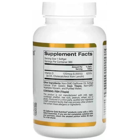 Вітамін D3, 5000 МО (125 мкг), California Gold Nutrition, 360 желатинових капсул: ціни та характеристики