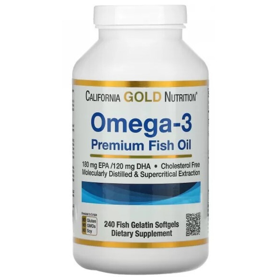 Риб'ячий жир преміум-класу з Омега-3, 180 EPA /120 DHA, Omega-3 Premium Fish Oil, California Gold Nutrition, 240 желатинових капсул: ціни та характеристики