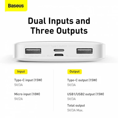 Внешний аккумулятор Bipow 10000mAh, PD/15W, USB-C/3A, 2*USB-A/3A(max.), white, Baseus, Китай: цены и характеристики