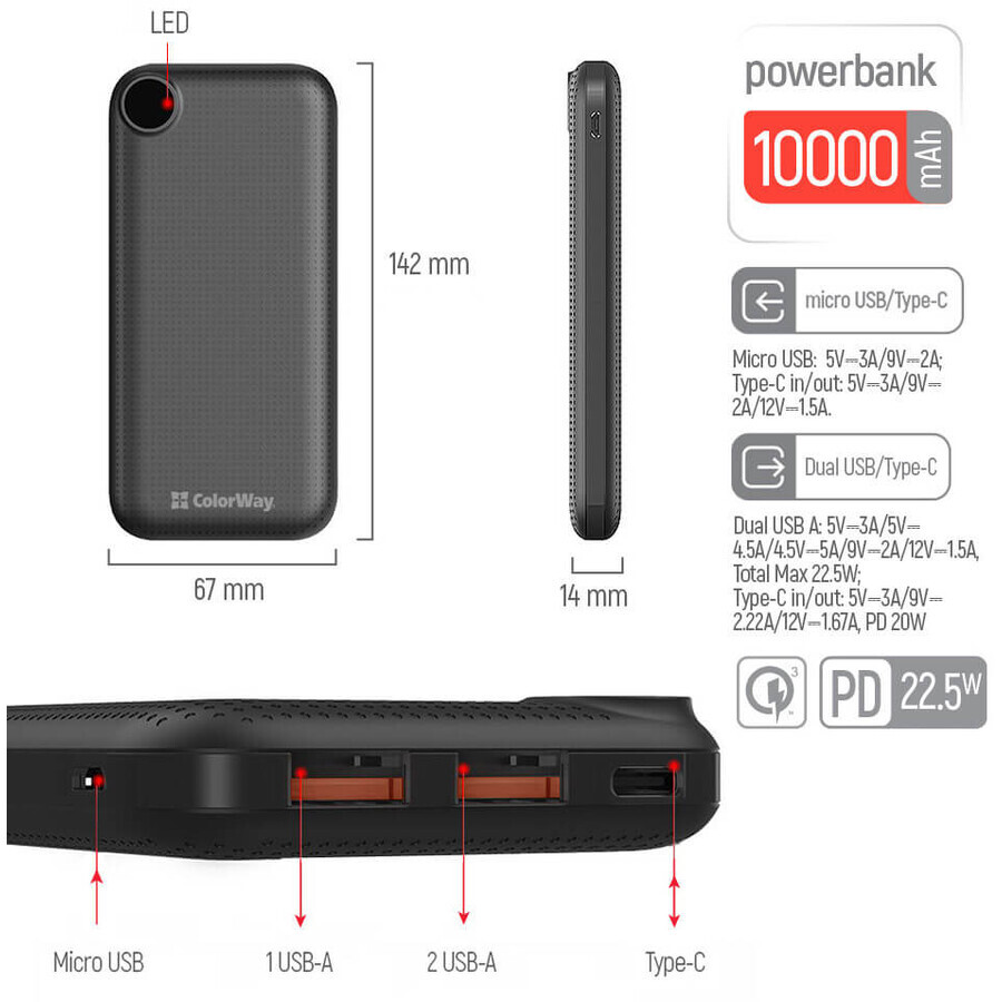 Батарея універсальна 10 000 mAh LCD (USB QC3.0 + USB-C Power Delivery 22.5W) Black, ColorWay, Китай: ціни та характеристики