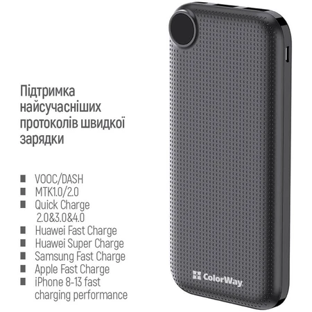 Батарея універсальна 10 000 mAh LCD (USB QC3.0 + USB-C Power Delivery 22.5W) Black, ColorWay, Китай: ціни та характеристики